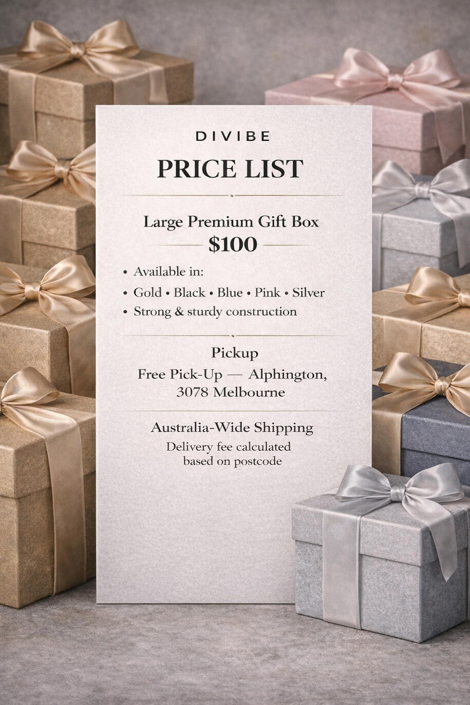 DiVibe Balloon Box Price List Image showing the current price list for DiVibe balloon gift boxes, including standard and custom options.
