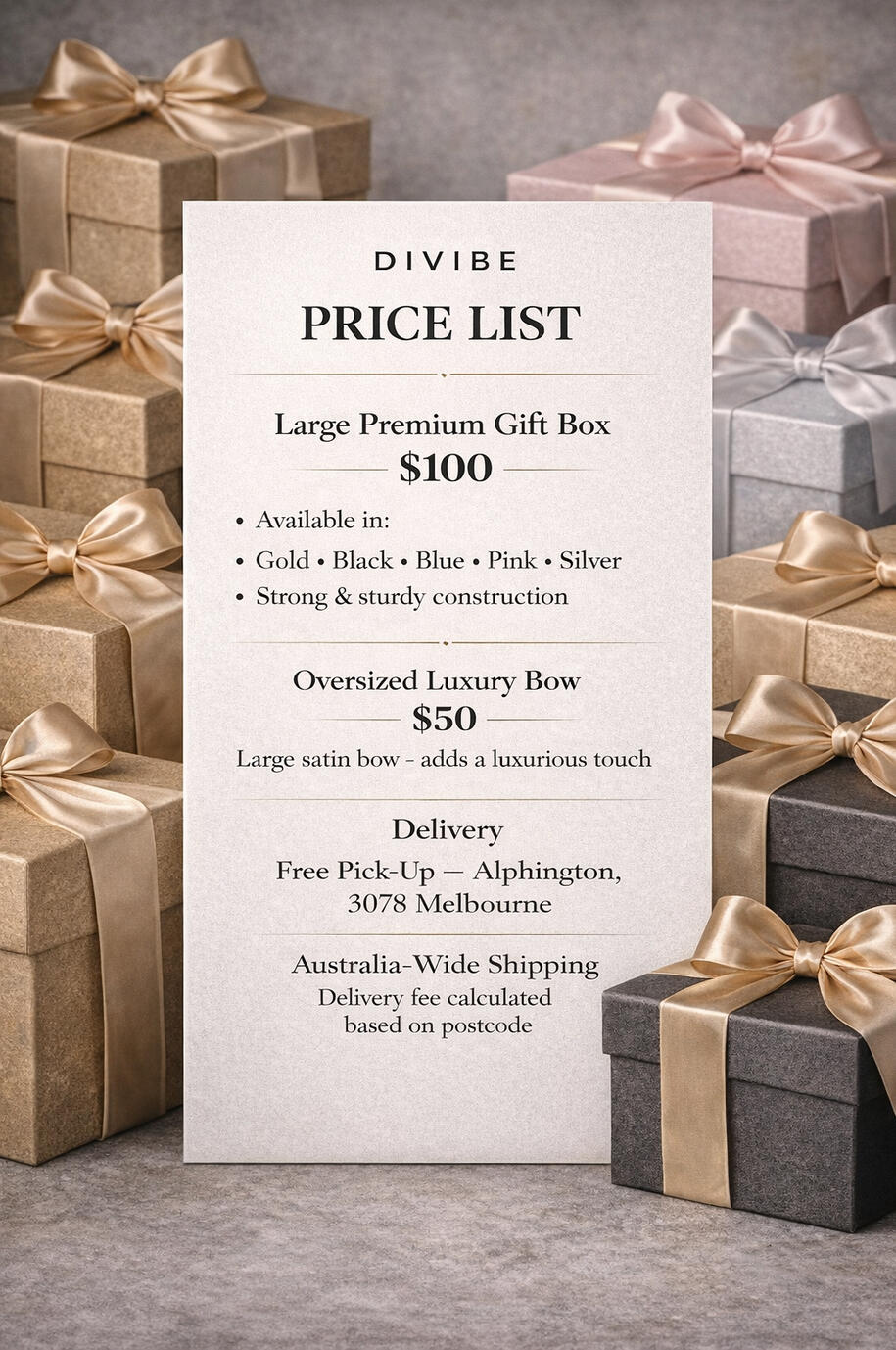DiVibe Balloon Box Price List Image showing the current price list for DiVibe balloon gift boxes, including standard and custom options.