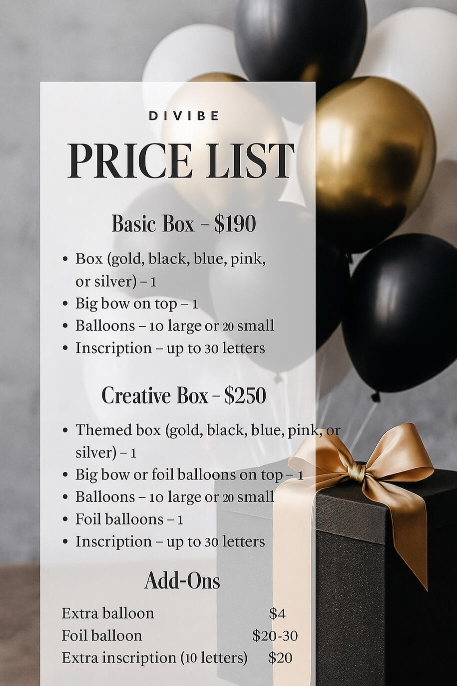 DiVibe Balloon Box Price List Image showing the current price list for DiVibe balloon gift boxes, including standard and custom options.